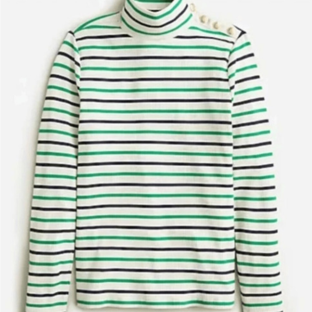 J. Crew sailor striped Navy and Green Striped‎ Turtleneck with Gold Button XS